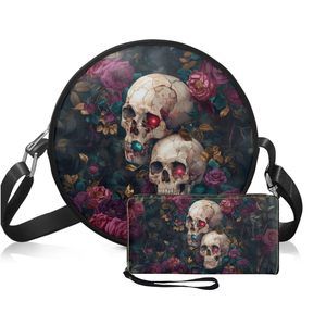 Skull Print Circle Crossbody Purse With Wallet Set, Portable ;)